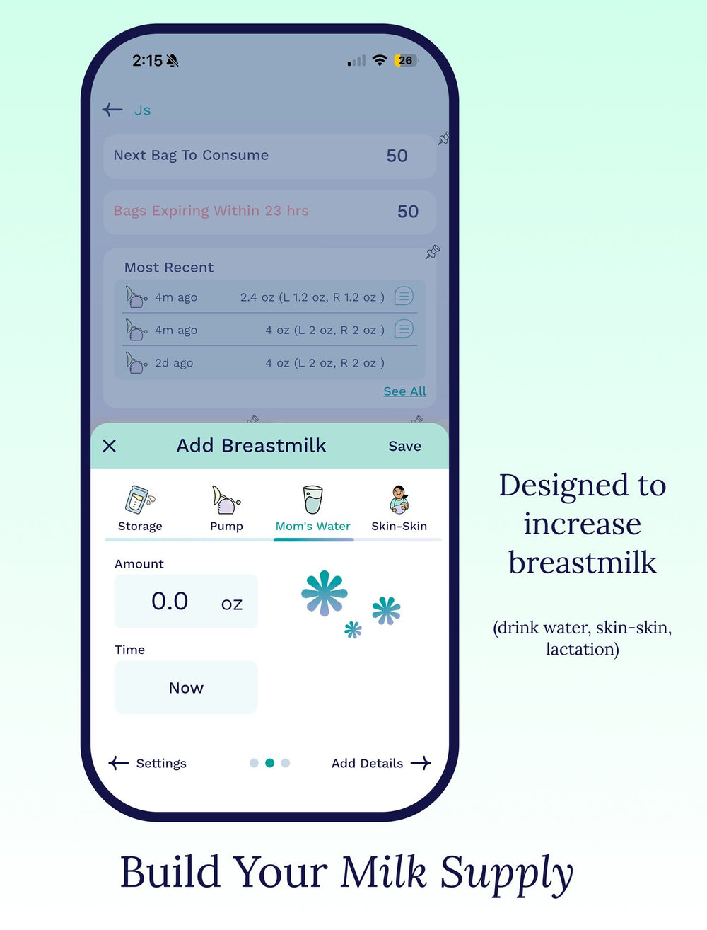 Cubtale log for water intake, skin-to-skin and pumping to help build milk supply