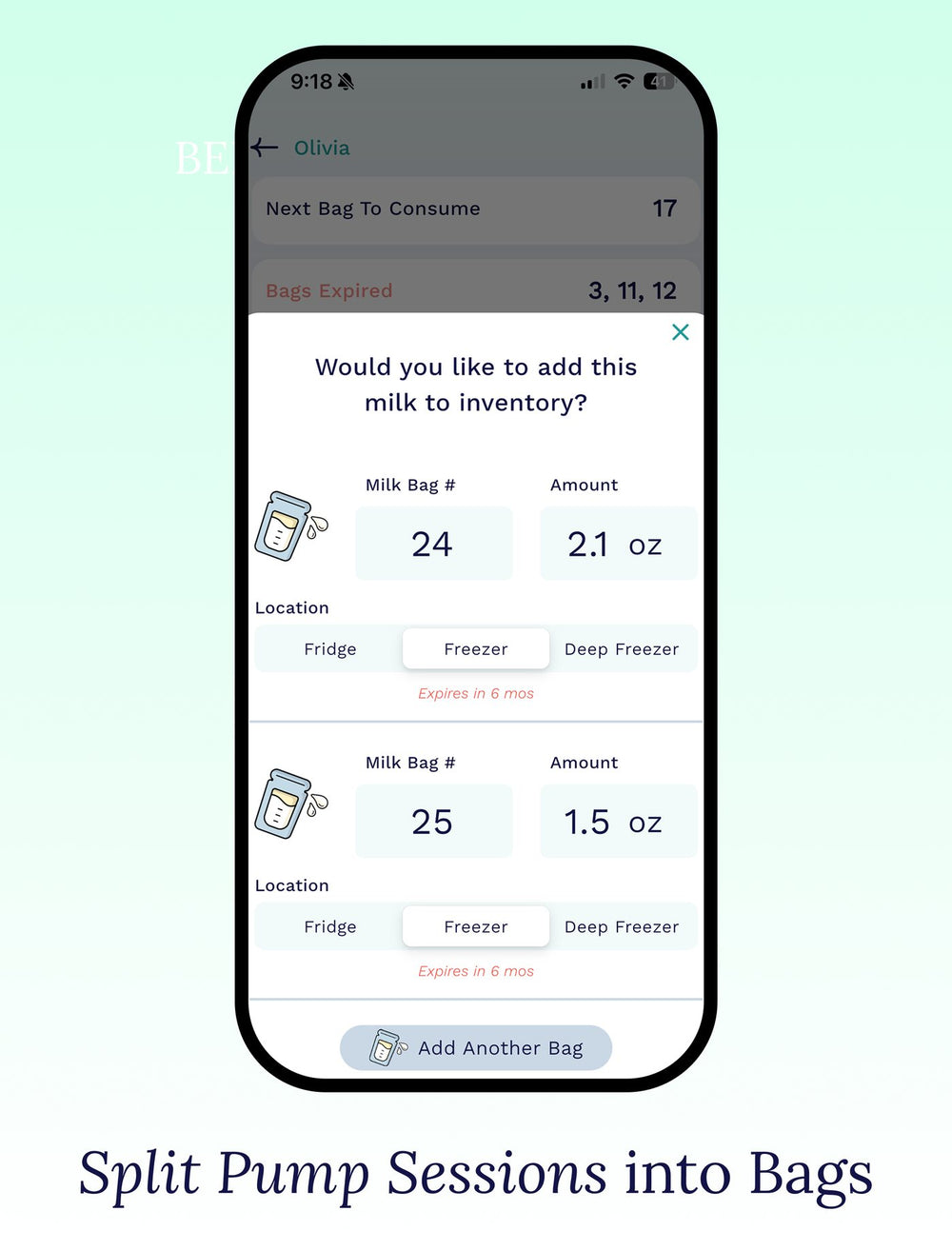Splitting one pumping session into numbered breast milk bags in the Cubtale app
